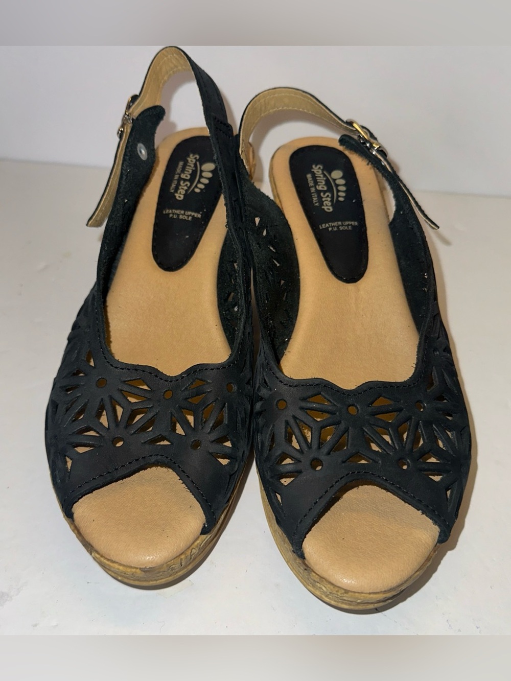 Spring Step Italy Black Leather Cutout Slingback Wedge Sandals EU 40 US 9